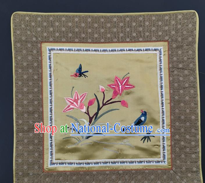 Traditional Chinese Embroidered Orchid Bird Fabric Patches Handmade Embroidery Craft Accessories Embroidering Yellow Silk Cushion Applique