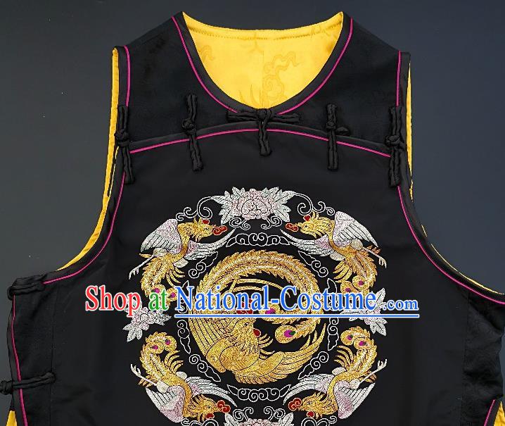 Chinese Traditional Embroidered Phoenix Black Silk Vest Handmade Embroidery Costume Tang Suit Waistcoat for Adult