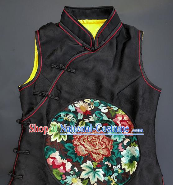 Chinese Traditional Embroidered Peony Vest Handmade Embroidery Costume Tang Suit Black Silk Waistcoat for Adult