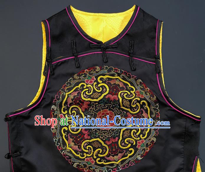 Chinese Traditional Embroidered Bats Vest Handmade Embroidery Costume Tang Suit Black Silk Waistcoat for Adult