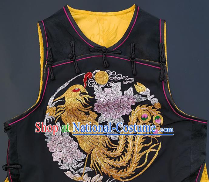 Chinese Traditional Embroidered Phoenix Peony Vest Handmade Embroidery Costume Tang Suit Black Silk Waistcoat for Adult