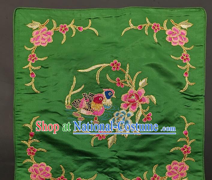 Traditional Chinese Embroidered Pink Peony Fabric Patches Handmade Embroidery Craft Accessories Embroidering Mandarin Duck Green Silk Cushion Applique