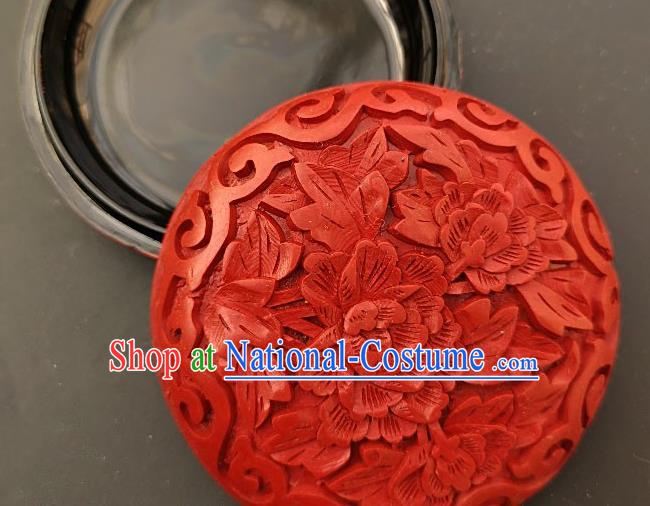 Chinese Traditional Handmade Carving Peony Flower Red Lacquer Rouge Box Lacquerware Craft Inkpad Box