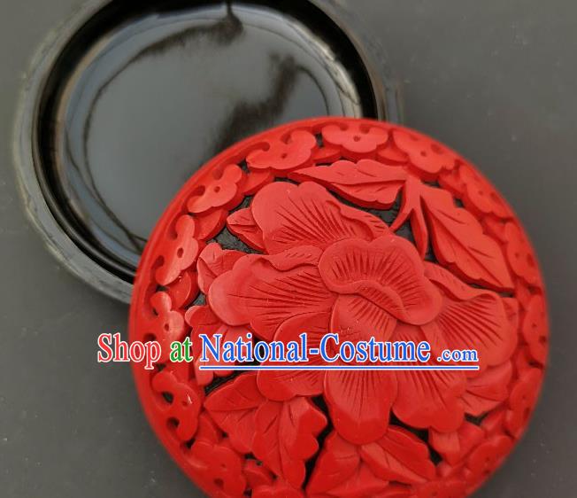 Chinese Handmade Carving Peony Flower Red Lacquer Rouge Box Traditional Lacquerware Craft Inkpad Box