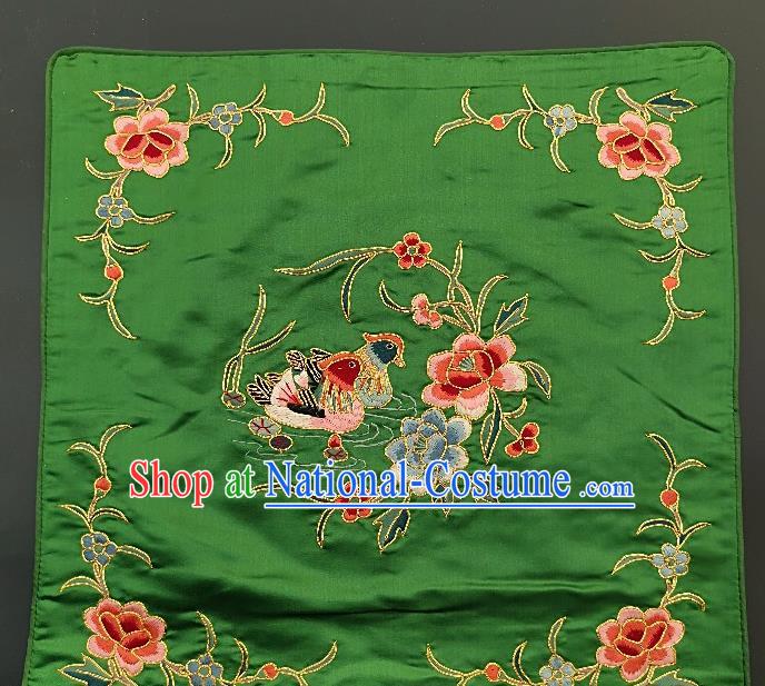 Traditional Chinese Embroidered Red Peony Fabric Patches Handmade Embroidery Craft Accessories Embroidering Mandarin Duck Green Silk Cushion Applique