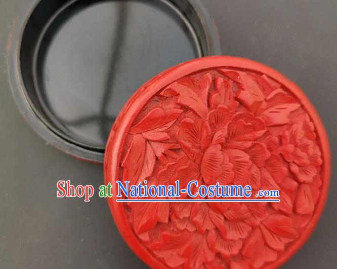 Chinese Handmade Carving Peony Lacquer Rouge Box Traditional Lacquerware Craft Red Inkpad Box