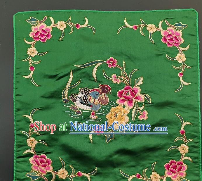 Traditional Chinese Embroidered Rosy Peony Fabric Patches Handmade Embroidery Craft Accessories Embroidering Mandarin Duck Green Silk Cushion Applique