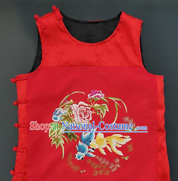 Chinese Traditional Embroidered Goldfish Peony Vest Handmade Embroidery Costume Tang Suit Red Silk Waistcoat for Women