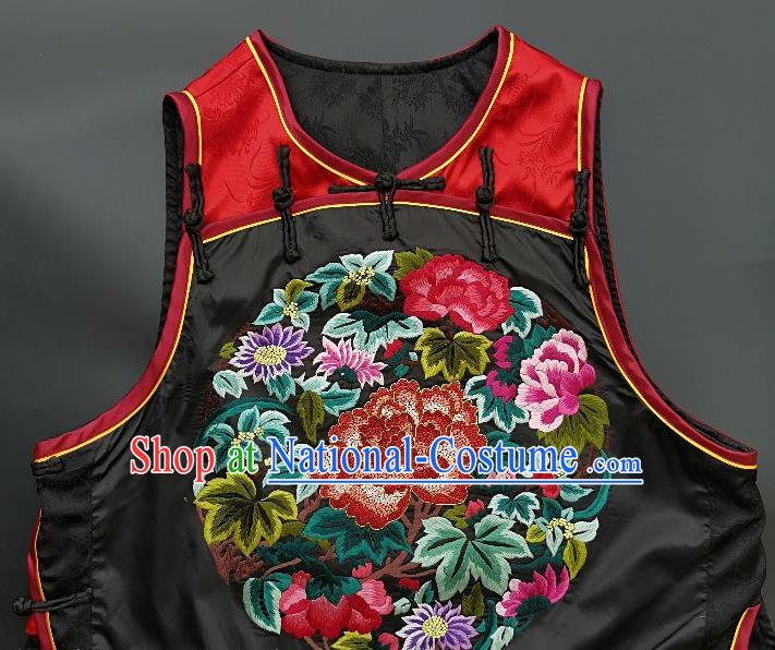 Chinese Traditional Embroidered Peony Vest Handmade Embroidery Costume Tang Suit Silk Waistcoat for Women