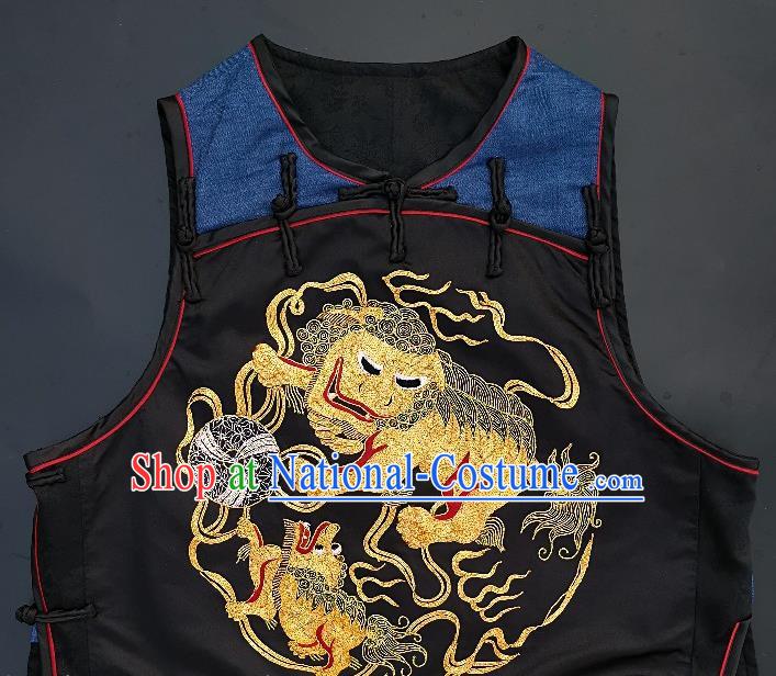 Chinese Traditional Embroidered Lion Vest Handmade Embroidery Costume Tang Suit Navy Silk Waistcoat for Women