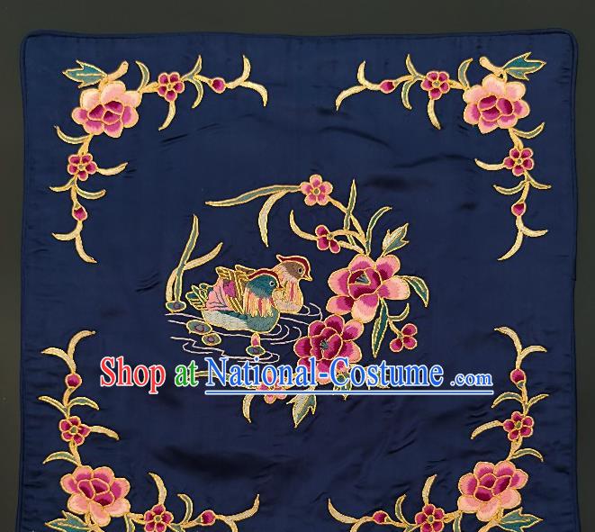 Chinese Traditional Embroidered Purple Peony Mandarin Duck Fabric Patches Handmade Embroidery Craft Embroidering Navy Silk Applique Cushion Accessories