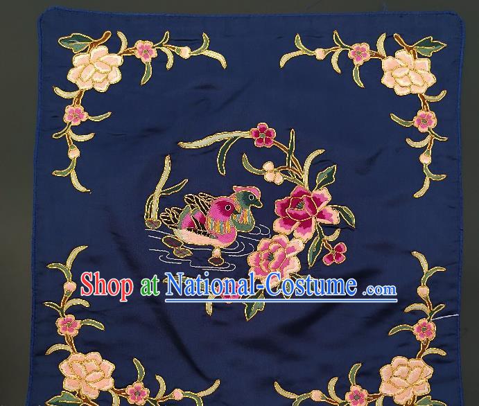 Chinese Traditional Embroidered Peony Mandarin Duck Fabric Patches Handmade Embroidery Craft Embroidering Navy Silk Applique Cushion Accessories