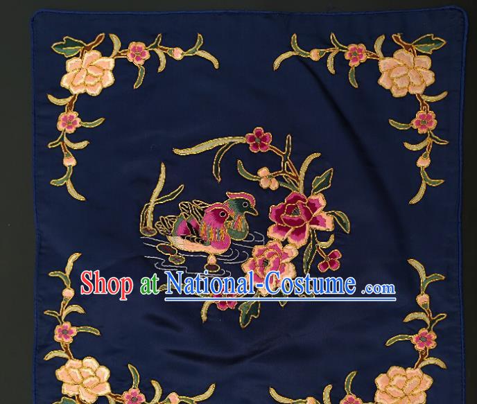 Chinese Traditional Embroidered Mandarin Duck Peony Fabric Patches Handmade Embroidery Craft Embroidering Navy Silk Applique Cushion Accessories