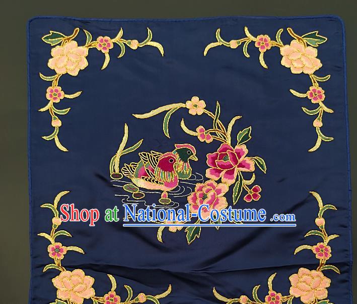 Chinese Traditional Embroidered Pink Peony Mandarin Duck Fabric Patches Handmade Embroidery Craft Embroidering Navy Silk Applique Cushion Accessories