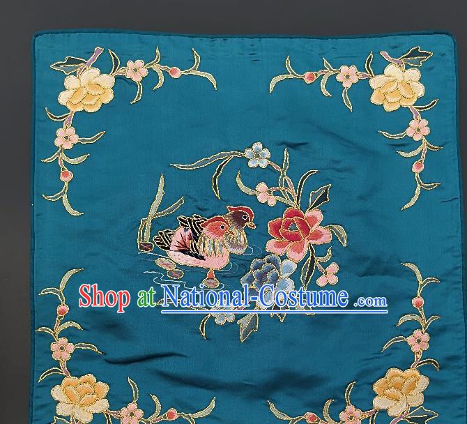 Chinese Traditional Embroidered Mandarin Duck Yellow Peony Fabric Patches Handmade Embroidery Craft Embroidering Green Silk Applique Cushion Accessories