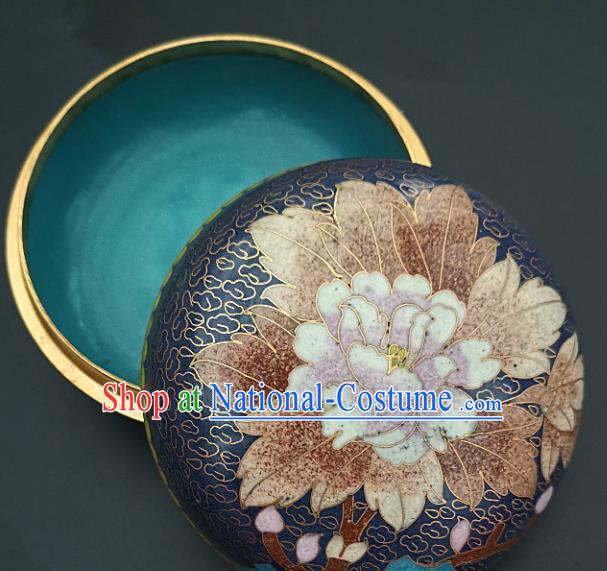 Chinese Traditional Cloisonne Peony Pattern Rouge Box Handmade Brass Craft Enamel Navy Inkpad Box Accessories