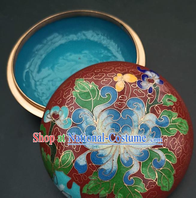 Chinese Traditional Cloisonne Chrysanthemum Pattern Rouge Box Handmade Brass Craft Enamel Red Inkpad Box Accessories