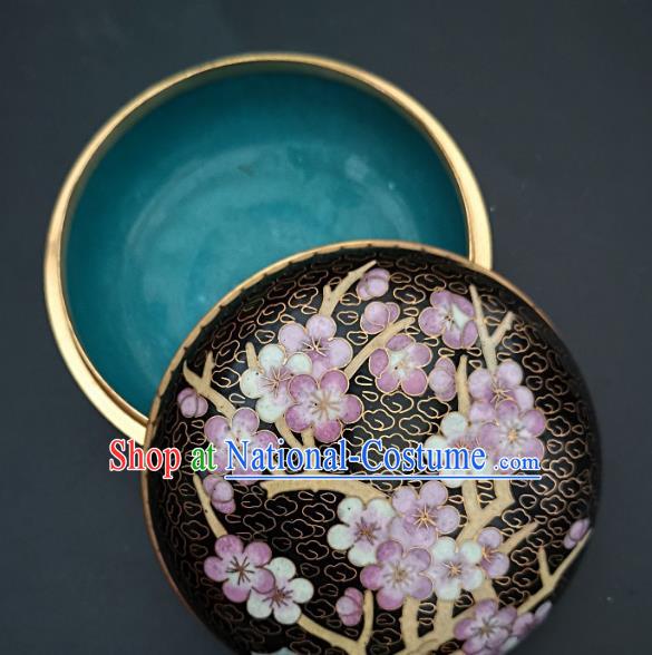 Chinese Traditional Cloisonne Plum Blossom Pattern Rouge Box Handmade Brass Craft Enamel Black Inkpad Box Accessories