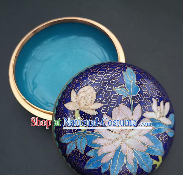 Chinese Traditional Cloisonne Lotus Pattern Rouge Box Handmade Brass Craft Enamel Royalblue Inkpad Box Accessories