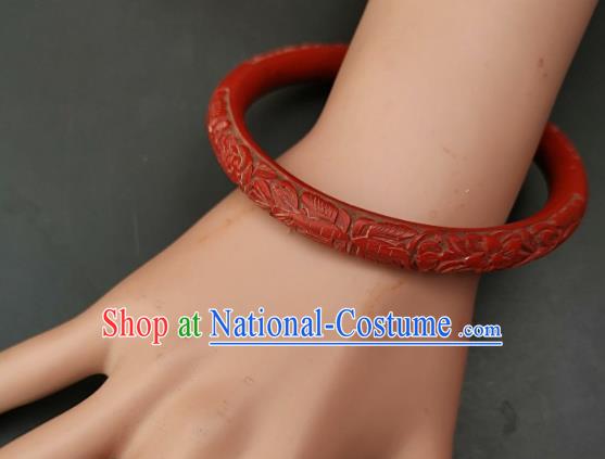 Chinese Traditional Handmade Carving Craft Red Lacquerware Bracelet Accessories