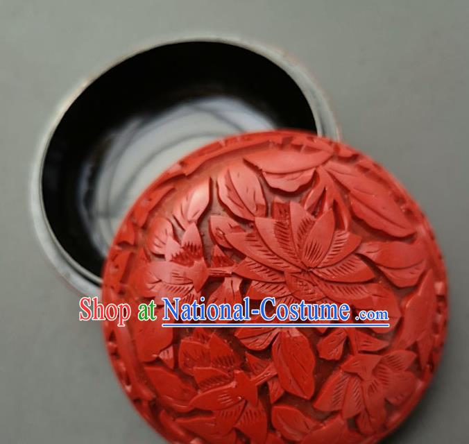 Chinese Traditional Handmade Carving Lotus Rouge Box Red Lacquerware Craft Inkpad Box