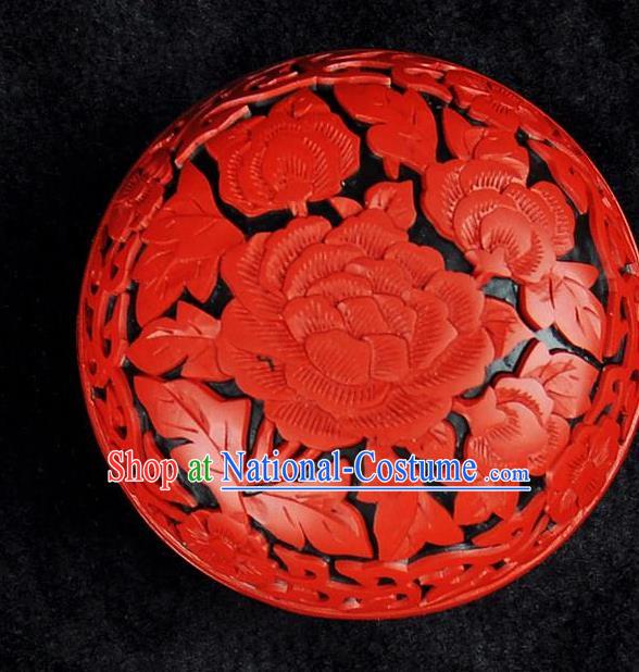 Chinese Traditional Handmade Carving Peony Rouge Box Red Lacquerware Craft Inkpad Box