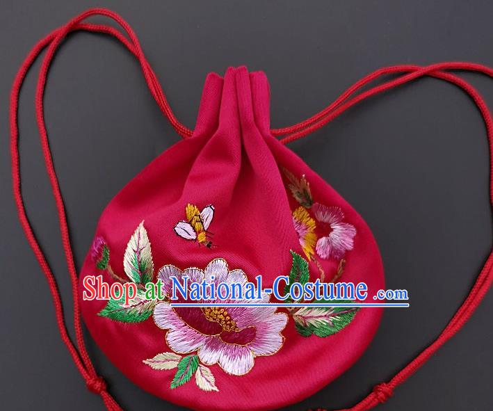 Chinese Traditional Handmade Embroidered Peony Rosy Silk Sachet Perfumed Silk Bag