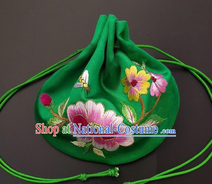 Chinese Traditional Handmade Embroidered Peony Green Silk Sachet Perfumed Silk Bag