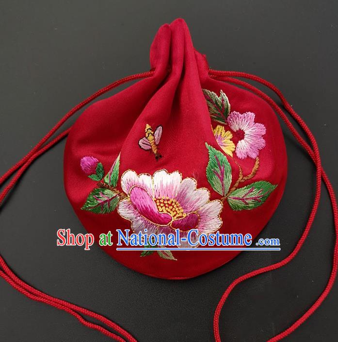 Chinese Traditional Handmade Embroidered Peony Red Silk Sachet Perfumed Silk Bag