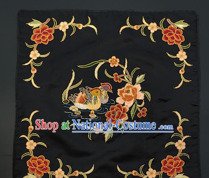 Chinese Traditional Embroidered Orange Peony Mandarin Duck Cushion Fabric Handmade Embroidery Craft Embroidering Black Silk Applique