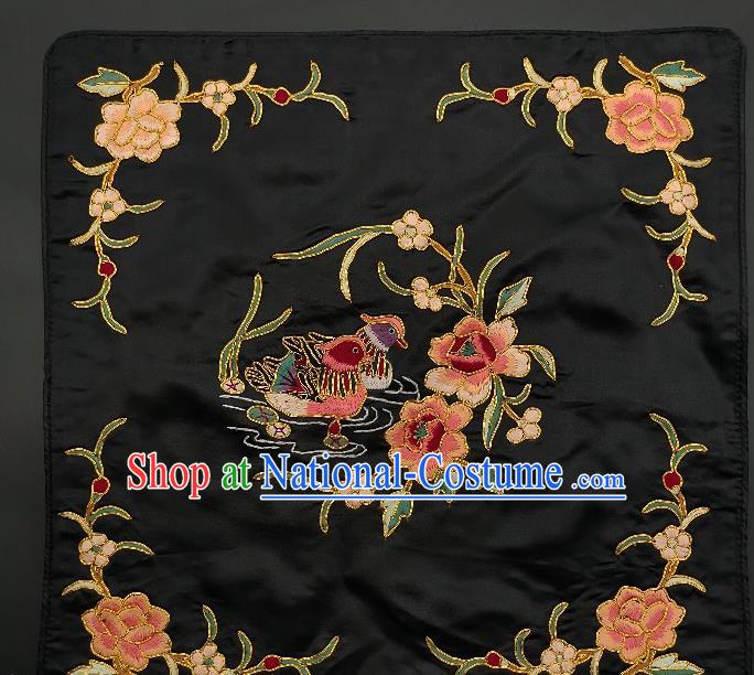 Chinese Traditional Embroidered Pink Peony Mandarin Duck Cushion Fabric Handmade Embroidery Craft Embroidering Black Silk Applique