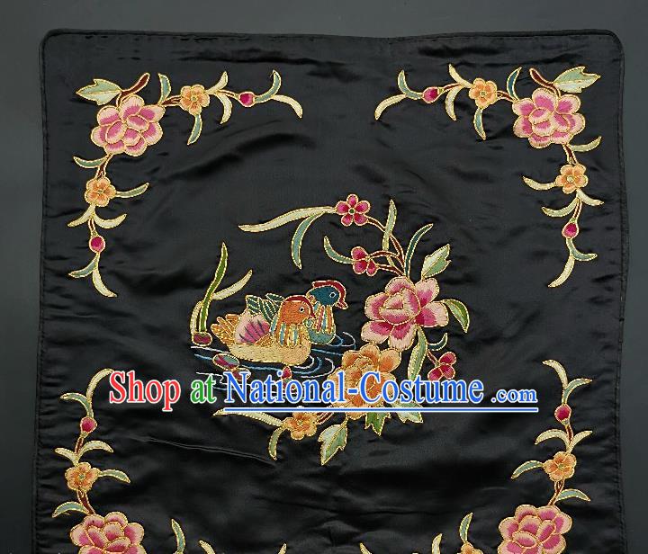 Chinese Traditional Embroidered Rosy Peony Mandarin Duck Cushion Fabric Handmade Embroidery Craft Embroidering Black Silk Applique