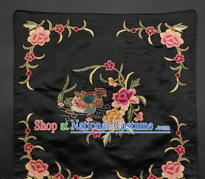 Chinese Traditional Embroidered Purple Peony Mandarin Duck Cushion Fabric Handmade Embroidery Craft Embroidering Black Silk Applique