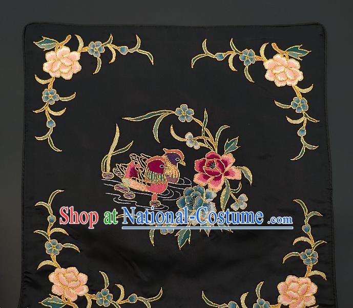 Chinese Traditional Embroidered Peony Mandarin Duck Cushion Fabric Handmade Embroidery Craft Embroidering Black Silk Applique