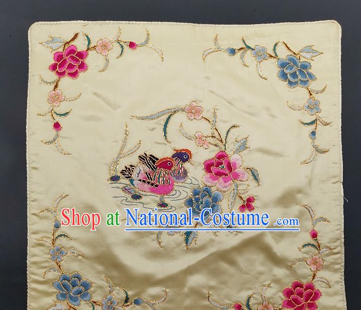 Chinese Traditional Embroidered Rosy and Blue Peony Mandarin Duck Cushion Fabric Handmade Embroidery Craft Embroidering White Silk Pillowslip Applique