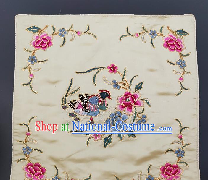 Chinese Traditional Embroidered Pink Peony Mandarin Duck Cushion Fabric Handmade Embroidery Craft Embroidering White Silk Pillowslip Applique