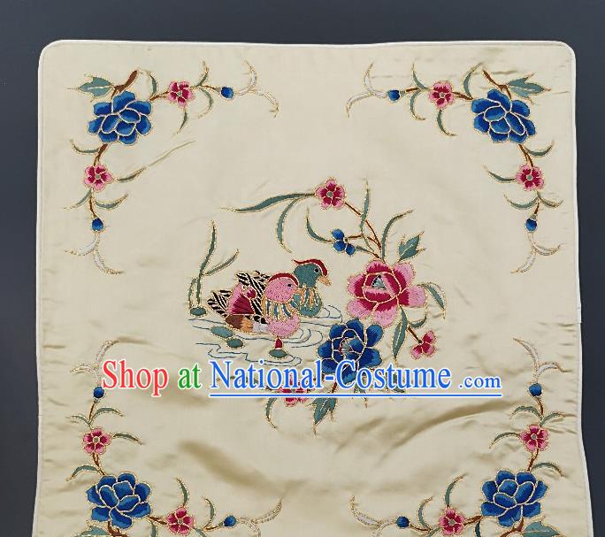 Chinese Traditional Embroidered Blue Peony Mandarin Duck Cushion Fabric Handmade Embroidery Craft Embroidering White Silk Pillowslip Applique