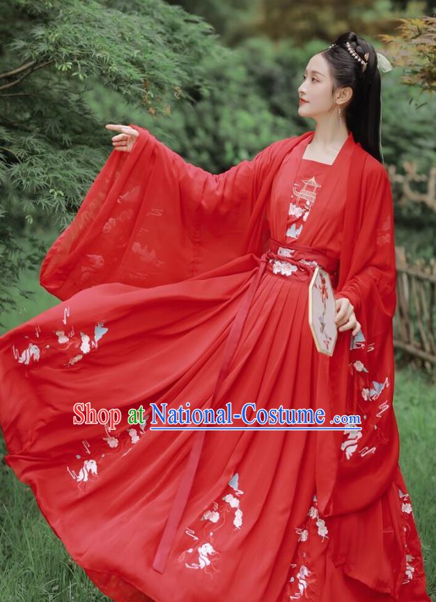 Chinese Tang Dynasty Embroidered Costumes Traditional Ancient Princess Hanfu Garment Red Cloak Blouse and Skirt for Women