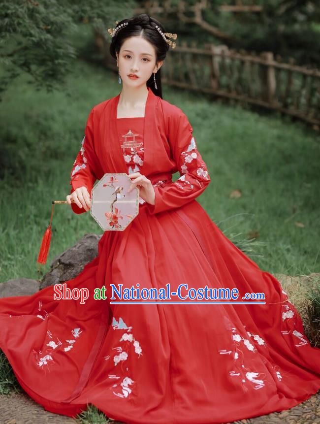 Chinese Tang Dynasty Embroidered Costumes Traditional Ancient Princess Hanfu Garment Red Cloak Blouse and Skirt for Women