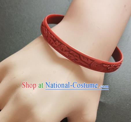 Chinese Traditional Handmade Carving Fish Dragon Craft Red Lacquerware Bracelet Accessories