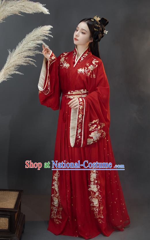 Traditional Chinese Jin Dynasty Princess Costumes Ancient Wedding Hanfu Garment Embroidered Red Blouse and Skirt for Patrician Woman