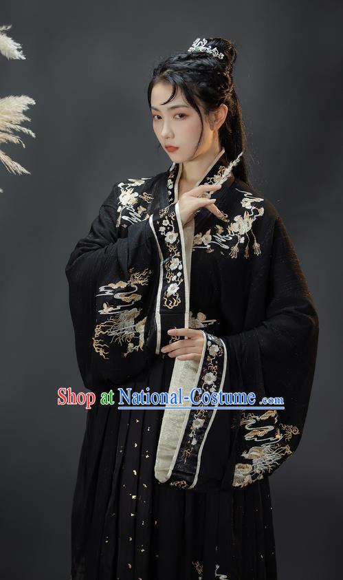 Traditional Chinese Jin Dynasty Swordsman Costumes Ancient Noble Childe Hanfu Garment Embroidered Black Blouse and Skirt Full Set