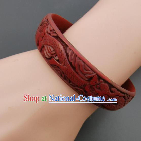 Chinese Handmade Carving Dragonfish Lacquer Bracelet Traditional Lacquerware Craft Red Bangle Accessories