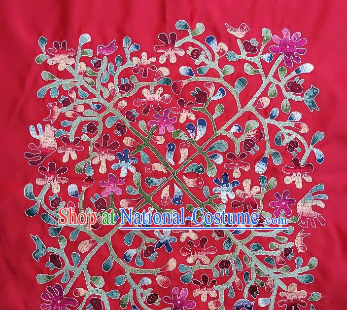 Traditional Chinese Embroidered Flowers Birds Fabric Patches Handmade Embroidery Craft Accessories Embroidering Red Silk Cushion Applique