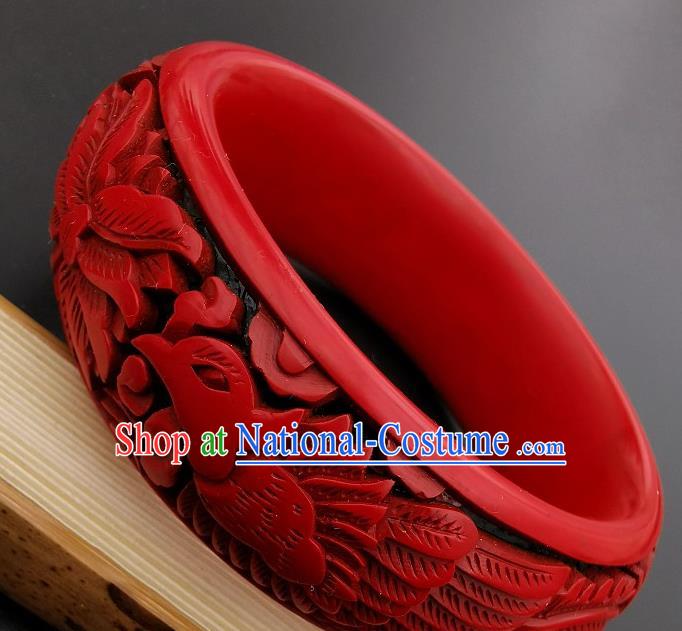 Chinese Handmade Carving Phoenix Lacquer Bracelet Traditional Lacquerware Craft Wedding Red Bangle Accessories