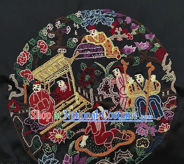 Chinese Traditional Embroidered Character Painting Handmade Embroidery Craft Embroidering Black Silk Decorative Picture