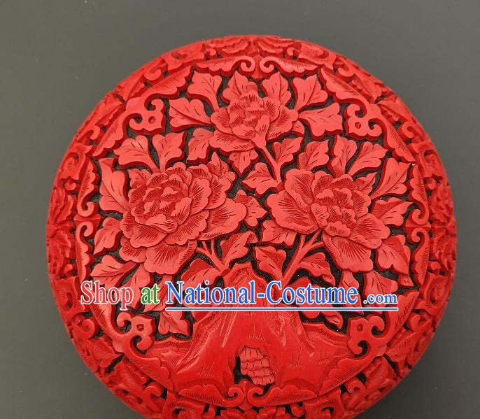 Chinese Handmade Carving Peony Lacquer Inkpad Box Traditional Lacquerware Craft Wedding Red Rouge Box