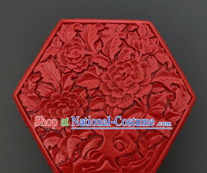 Chinese Handmade Carving Peony Lacquer Hexagon Inkpad Box Traditional Lacquerware Craft Wedding Red Rouge Box