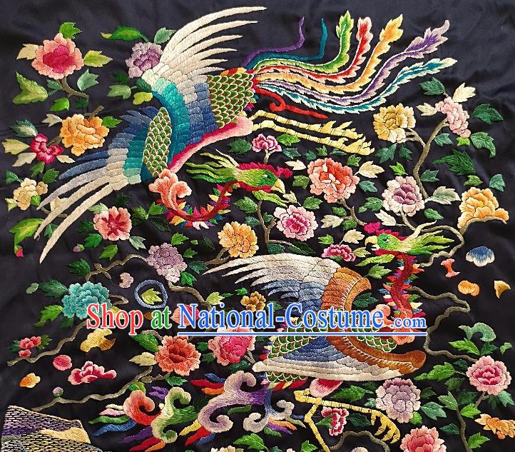 Traditional Chinese Embroidered Phoenix Peony Black Silk Fabric Patches Handmade Embroidery Craft Accessories Embroidering Dress Applique