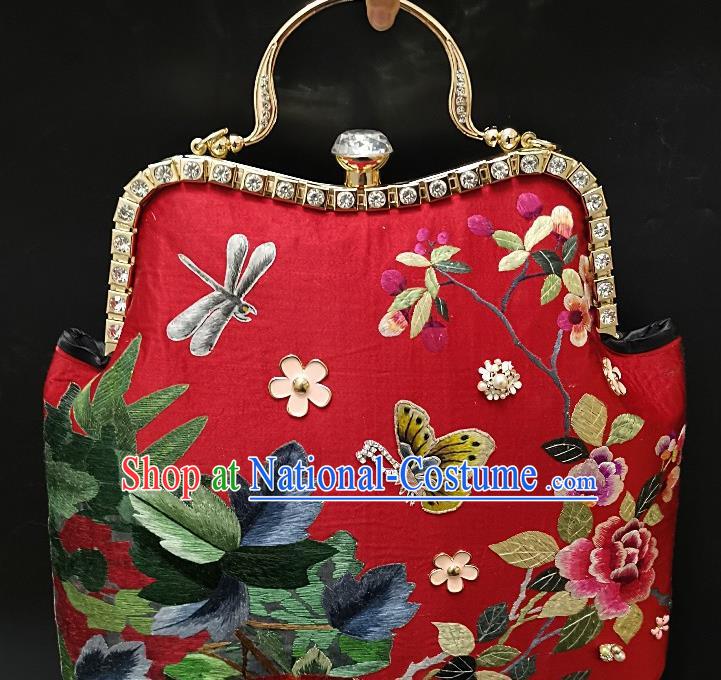 Chinese Traditional Embroidered Peony Butterfly Handbag Handmade Embroidery Red Bag for Women